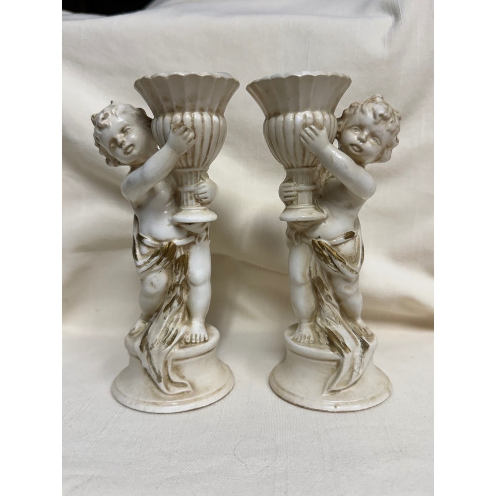 Vintage Lefton Japan Ceramic Cherub Candlestick Holders Gold Gilt Set of 2